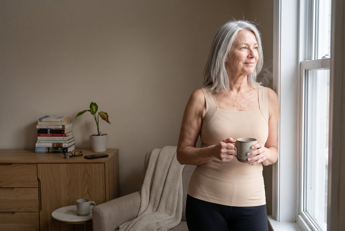 Woman wearing the Contour Tank at home with a coffee